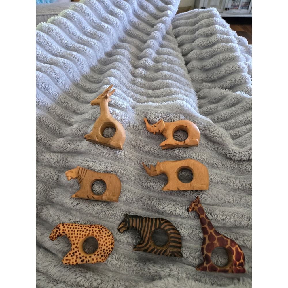 Vintage Hand Carved Wood Safari Animal Napkin Rings Set of 7 African Decor
